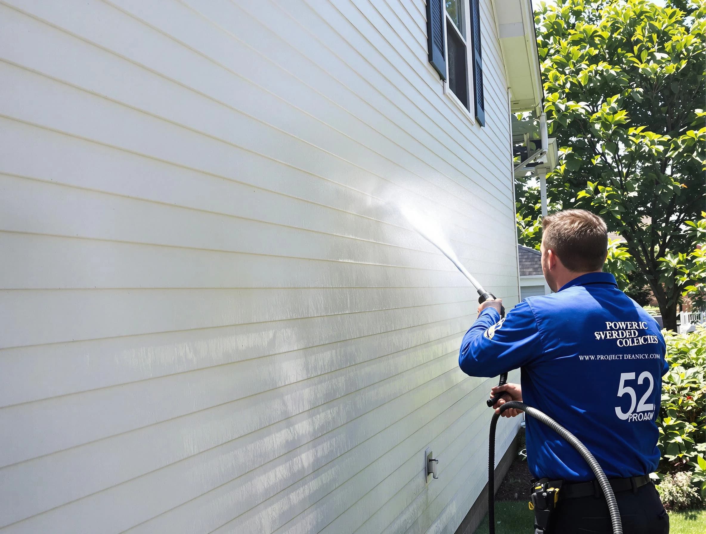 A Bedford Power Washing technician power washing a home in Bedford