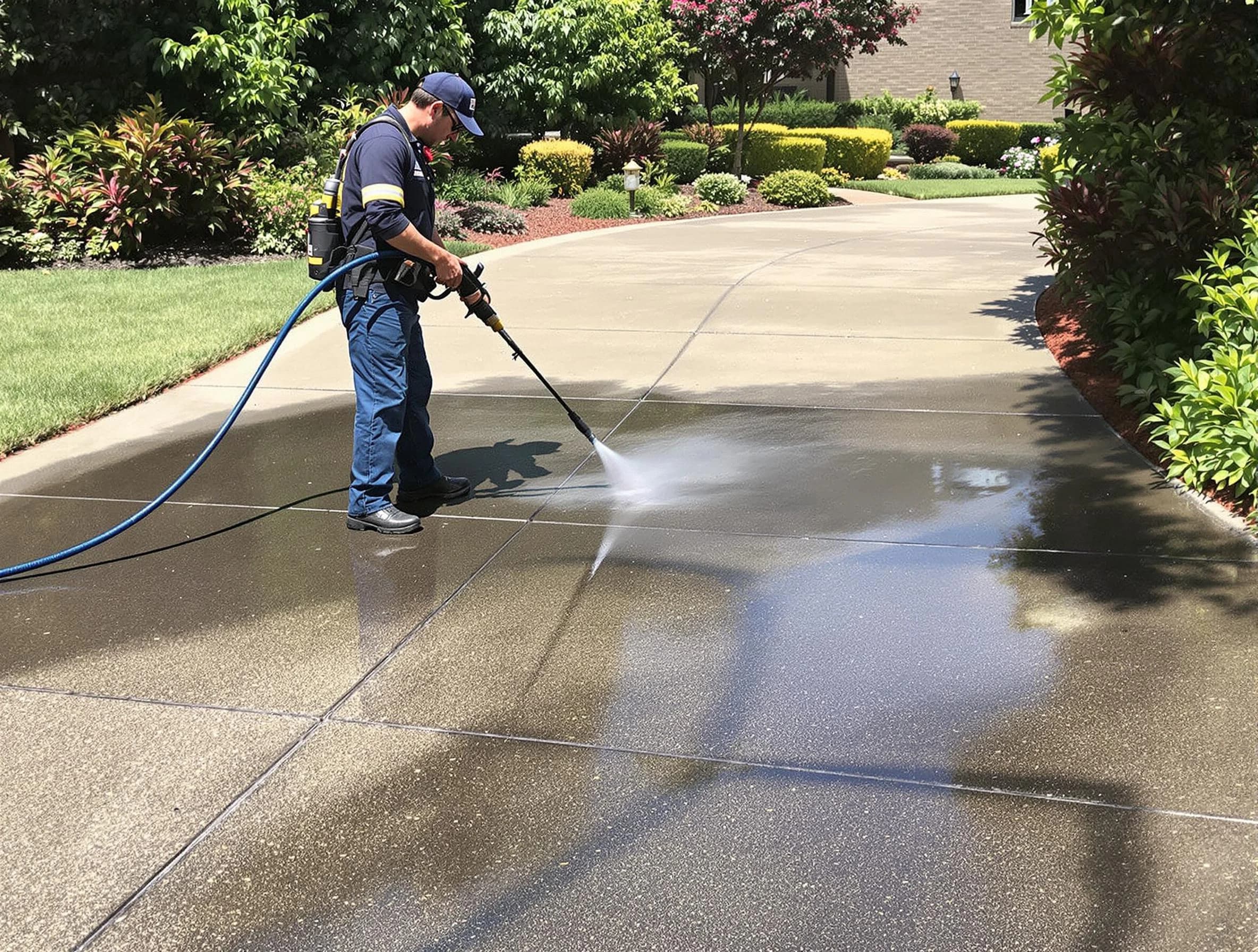 Experienced Bedford Power Washing team member pressure washing a driveway in Bedford