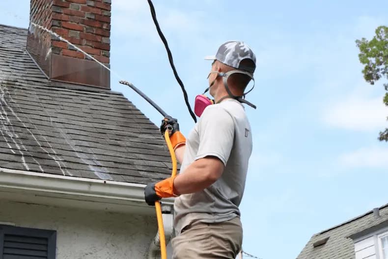 Bedford Power Washing professional performing gentle roof washing service in Bedford